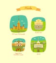 Famous places of Moscow, Russia. Moscow University, Bolshoi Theater, Tretyakov gallery, VDNH. Flat applique technique illustration