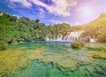 Famous, popular waterfall Skradinski Buk on natural sky and tree background. Dalmatia, Croatia, Europe. Beautiful place.