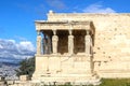 The famous Porch of the Caryatids  or the Maidens on the south side of the Erechtheion or Erechtheum an ancient Greek temple on Royalty Free Stock Photo