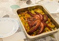 Famous portuguese dish `Polvo a lagareiro`. Homemade roasted octopus with potatoes ready to eat.