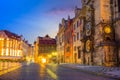 Famous Prague clock Orloj and center of old city at night