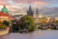 Famous Prague Landmarks - towers and bridge at sundown