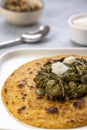 Cornmeal breads and  mustard leaves curry, famous Indian food specially prepared in winters, makki ki roti - sarson ka saag Royalty Free Stock Photo