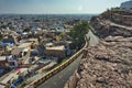 Famous Rajasthan indian tourist landmark seen over the old houses of Jodhpur - Mehrangarh Fort, Jodhpur