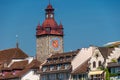The famous red clock tower in old city, Luzern, Switzerland