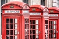 Red telephone booths in Covent Garden street, London, England, United Kingdom