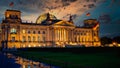 The Reichstag building, seat of the German Parliament Deutscher Bundestag at sunset in Berlin, Germany Royalty Free Stock Photo