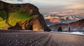 Famous Reynisdrangar rock formations at black Reynisfjara Beach. Coast of the Atlantic ocean near Vik, southern Iceland Royalty Free Stock Photo