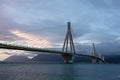 The famous Rio-Antirrio multi-suspension bridge Charilaos Trikoupis Bridge during the beautiful sunset