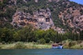 Famous rock-cut Lycian tombs of kings in carved caves in the cliffs of ancient Caunos Kaunos town, a UNESCO world heritage site