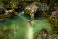 Famous rock feature called Elephant (sloncek) in Mostnica Gorge, Bohinj, Triglav National Park, Slovenia.