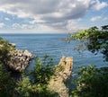 Famous rocks on the east coast of Bornholm in the sunshine. Royalty Free Stock Photo