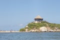 Famous roustic viewpoint hit at the top of a mountain into Cabo San Juan beach at colombian tayrona national park Royalty Free Stock Photo