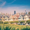 Famous row of colorful houses in San Francisco overlooking Downt Royalty Free Stock Photo