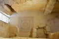 Famous ruins of ancient Masada fortress. Ancient Mosaic Floor. Masada National park in Judean desert, Israel