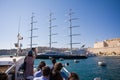 The famous sailing ship \'Maltese Falcon\' maneuvers to moor in the port of Valletta, Malta