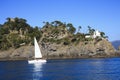 The famous San Fruttuoso bay view, Genova, Liguria, Italy, EuropeThe sea near Portofino whith the lighthouse view, Genova, Liguria