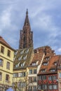 Famous sandstone Notre Dame Cathedral bell tower in Strasbourg,