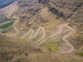 The famous Sani mountain pass dirt road with many tight curves connecting Lesotho and South Africa