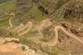 The famous Sani mountain pass dirt road with many tight curves connecting Lesotho and South Africa