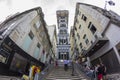 The famous Santa Justa lift in Lisbon. Tourists are lined up on the right side to visit the monument