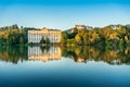 Famous Schloss Leopoldskron with Hohensalzburg Fortress in Salzburg at sunset, Austria Royalty Free Stock Photo