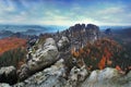 The famous Schrammsteine and the Lilienstein, Panorama view at the Elb Sandstone Mountains, Germany.