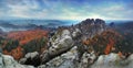 The famous Schrammsteine and the Lilienstein, Panorama view at the Elb Sandstone Mountains, Germany.