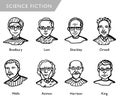 Famous science fiction writers, vector portraits, Bradbury, Lem, Sheckley, Orwell, Wells, Asimov, Harrison, King