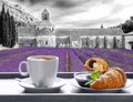 Senanque monastery against coffee with croissants in Gordes, Provence, France Royalty Free Stock Photo