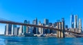 Famous Skyline of downtown New York City, Brooklin Bridge and Manhattan with skyscrapers illuminated over East River panorama. New Royalty Free Stock Photo