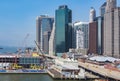 Skyline of downtown New York and Lower Manhattan in New York City, USA seen through the cables of the Brooklyn Bridge Royalty Free Stock Photo