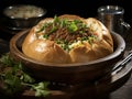 A famous South African street food dish featuring a hollowed-out bread loaf filled with aromatic curry, spiced generously and