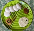 Famous South Indian breakfast idli chutney and podi