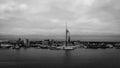 Famous Spinnaker Tower at Portsmouth - aerial view in black and white