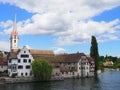 Famous St. George`s Abbey at Rhine River in european STEIN am RHEIN town in SWITZERLAND Royalty Free Stock Photo