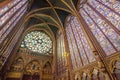 Famous stained glass windows and ceiling at Sainte Chapelle in