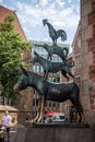 Famous statue of The Bremen Town Musicians, donkey, dog, cat and cockerel