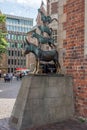 Statue of The Bremen Town Musicians from Grimm`s famous fairy tale in the center of Old Town near Bremen City Hall