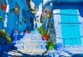 Pretty narrow street with blue walls, stairs and colorful flowerpots in Chefchaouen, Morocco