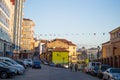 Famous street called Cuesta del Cholo in Gijon, Asturias, Spain, during a party with colorful flags