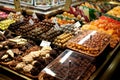 Famous sweet candy market .Confectionery at Boqueria market place in Barcelona, Spain. Assorted chocolate candy shop. Royalty Free Stock Photo