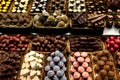 Famous sweet candy market .Confectionery at Boqueria market place in Barcelona, Spain. Assorted chocolate candy shop. Royalty Free Stock Photo