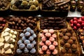 Famous sweet candy market .Confectionery at Boqueria market place in Barcelona, Spain. Assorted chocolate candy shop. Royalty Free Stock Photo