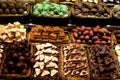 Famous sweet candy market .Confectionery at Boqueria market place in Barcelona, Spain. Assorted chocolate candy shop. Royalty Free Stock Photo