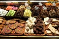 Famous sweet candy market .Confectionery at Boqueria market place in Barcelona, Spain. Assorted chocolate candy shop. Royalty Free Stock Photo