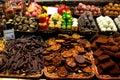 Famous sweet candy market .Confectionery at Boqueria market place in Barcelona, Spain. Assorted chocolate candy shop. Royalty Free Stock Photo