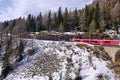 The famous Swiss mountain train of Bernina Express crossed italian and swiss Alps