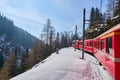 The famous Swiss mountain train of Bernina Express crossed italian and swiss Alps