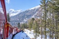 The famous Swiss mountain train of Bernina Express crossed italian and swiss Alps